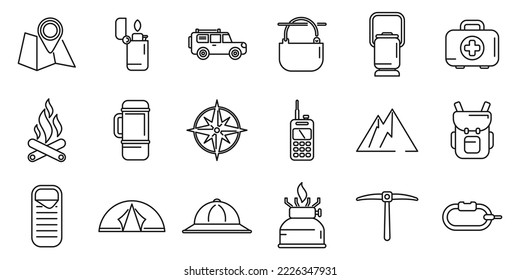 Expedition icons set outline vector. Hiker adventure. Alpine wind