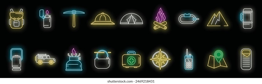 Expedition icons set outline vector. Hiker adventure. Alpine wind neon color on black