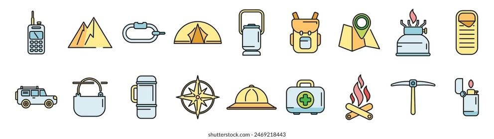 Expedition icons set outline vector. Hiker adventure. Alpine wind thin line color flat on white