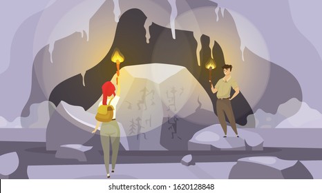 Expedition into caves flat vector illustration. Man and woman exploring inside mountain with torches. Female find mural painting. Male observing wall pictures. Tourists cartoon characters