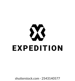 Expedition Logo Design, Este logotipo em negrito apresenta a palavra EXPEDITION em letras maiúsculas, acompanhada por um emblema estilizado de duas letras sobrepostas e espelhadas X.