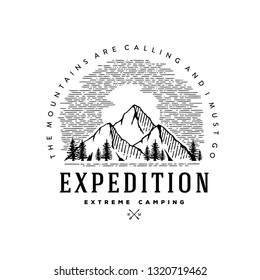 Expedition logo emblem vector illustration. Outdoor adventure expedition, shirt, print stamp. Vintage typography badge design. Vector illustration