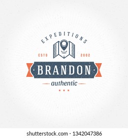 Expedition logo emblem vector illustration. Outdoor adventure leisure, map pointer silhouette shirt, print stamp. Vintage typography badge design.