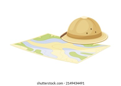 Expedition Map Beschreibung Geografie und Route Tourist Reise mit Scout Brimmed Hat Vektor Illustration