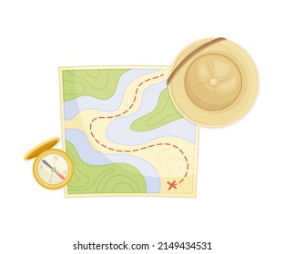 Expedition Map Depicting Geography and Route of Tourist Journey with Compass and Hat Vector Illustration