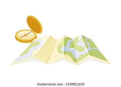 Expedition Map Depicting Geography and Route of Tourist Journey with Compass Vector Illustration