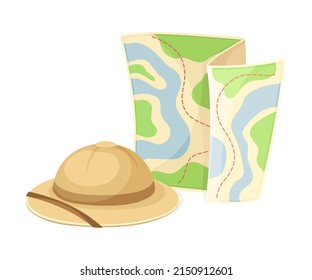 Expedition Map Beschreibung Geografie und Route Tourist Reise mit Scout Brimmed Hat Vektor Illustration