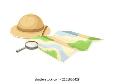 Expedition Map Depicting Geography and Route of Tourist Journey with Hat and Magnifying Glass Vector Illustration