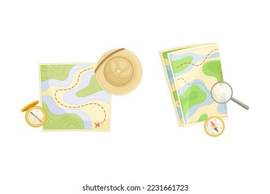 Expedition Map Beschreibung Geografie und Route Tourist Reise mit Compass und Hut Vector Set