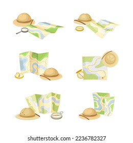 Expedition Map Depicting Geography and Route of Tourist Journey with Compass and Hat Vector Set