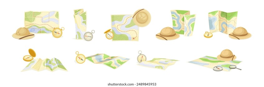 Expedition Map Depicting Geography and Route of Tourist Journey Vector Set
