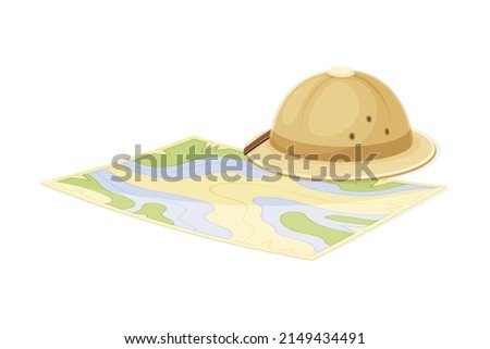 Expedition Map Depicting Geography and Route of Tourist Journey with Scout Brimmed Hat Vector Illustration