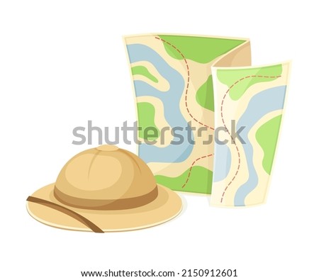 Expedition Map Depicting Geography and Route of Tourist Journey with Scout Brimmed Hat Vector Illustration