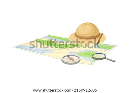 Expedition Map Depicting Geography and Route of Tourist Journey with Compass and Hat Vector Illustration