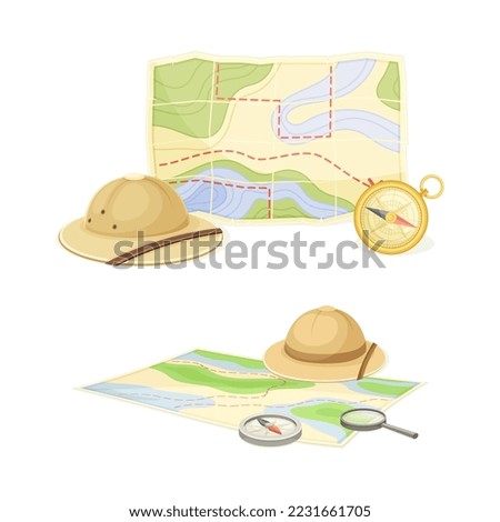 Expedition Map Depicting Geography and Route of Tourist Journey with Compass and Hat Vector Set