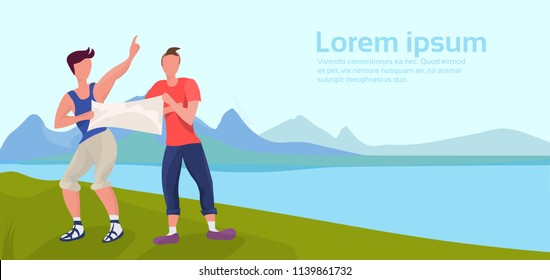 expedition men hold map camping activities trying find way landscape forest mountain river outdoor nature background man cartoon character flat horizontal copy space vector illustration