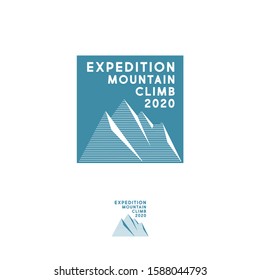 Expedition mountain climb logo. Letters and iceberg. Ice peaks travel. Extreme clothing mark.