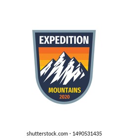 Expedition mountains - concept vector badge. Climbing hiking logo. Adventure outdoors emblem. Graphic design element. 