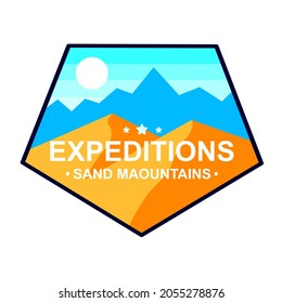 Expedition mountains-concept badge. Climbing logo in flat style. Extreme exploration sticker symbol. Camping  hiking creative vector illustration. Adventure outdoors. Graphic design element.