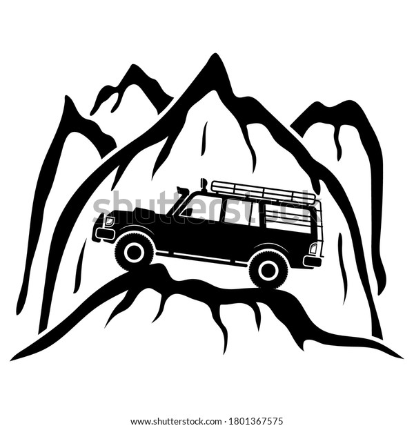 Expedition off-road\
vehicle in the mountains icon. Side view. Black silhouette. Vector\
flat graphic illustration. The isolated object on a white\
background.\
Isolate.