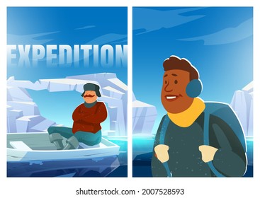 Expedition Poster With People On Glacier In Arctic. Concept Of Scientific Research On North Pole Or Antarctica. Vector Cartoon Illustration Of Men With Boat On Polar Ice In Ocean