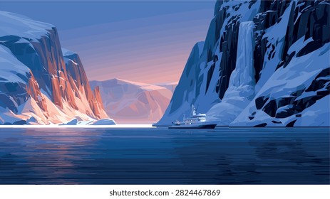 Expedition Ship Sailing Through Arctic Fjord at Sunset