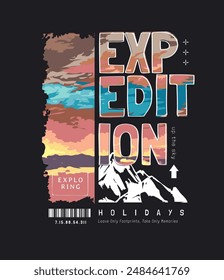 expedition slogan on sunset dawn sky vector illustration on black background