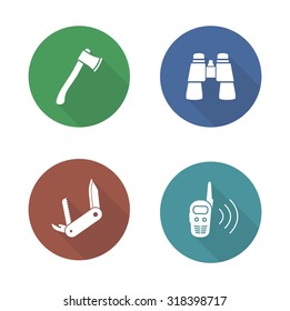 Expedition tools flat design icons set. Camping equipment long shadow symbols. Outdoor survival items. Multifunction pocket knife and walkie-talkie silhouette emblems. Vector infographics elements
