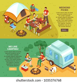 Expedition travel hiking 2 horizontal isometric webpage banners with weekend family picnic camping vacation isolated vector illustration 