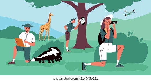 Expedition to wild nature flat colored background with group of zoologists studying wild life of south animals vector illustration