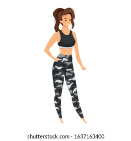 Expeditioner flat color vector illustration. Female tourist in black camouflage underwear. Adventurer in military style sportswear. Woman explorer isolated cartoon character on white background