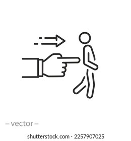 Vertreiben Sie ein Personensymbol, entlassene Geste des Mitarbeiters, drängen Sie den Mann zum Ausgang, Symbol auf weißem Hintergrund - bearbeitbarer Strich, Vektorgrafik eps10