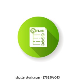 Plano de gastos diseño plano verde icono de glifo de sombra larga. Informe financiero anual. Banca para contar ingresos y gastos. Preparación de documentos para una estrategia eficaz de comercialización. Ilustración de color RGB de silueta