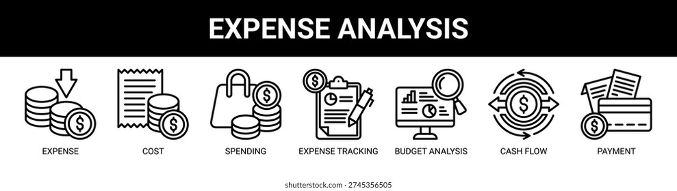 Expense Analysis web banner icon vector illustration concept with icons of expense, cost, spending, expense tracking, budget analysis, cash flow, and payment.
