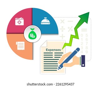 Ausgaben, berechnete Haushaltsausgaben und Einnahmen, Wachstum, Lohnkosten. Schreibaufwand. flache Vektorgrafik.