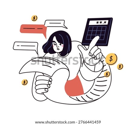Expense calculation, checking bill, receipt. Financial problem, debt, finance crisis concept. Calculating spendings, costs. Money overspending. Flat vector illustration isolated on white background