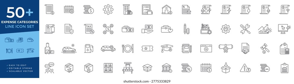 Expense categories icon set for financial tracking, personal budgeting, business costs, money management, tax reporting, and diverse spending categories for mobile apps.