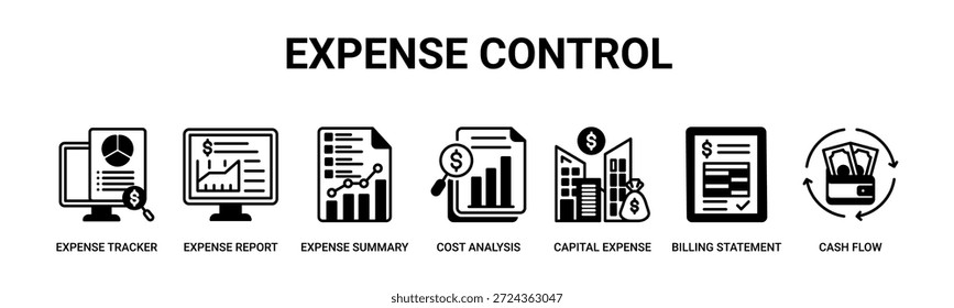 Expense Control Web-Banner-Symbol Vektorgrafik-Konzept für Unternehmen mit Symbol des Trackers, Bericht, Zusammenfassung, Kostenanalyse, Kapitalaufwand, Abrechnung, Cashflow.