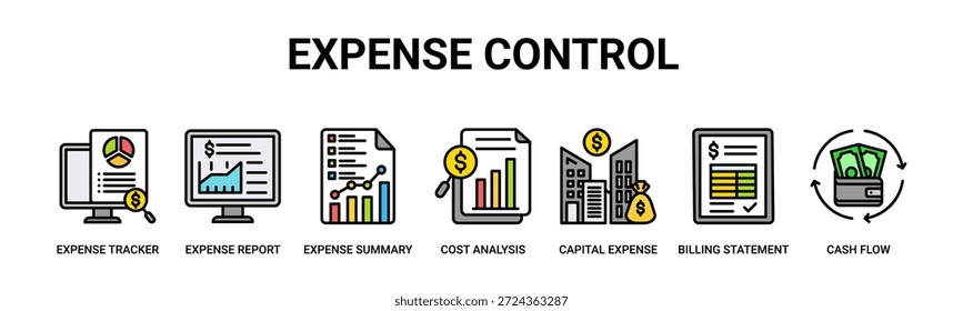 Controle de Despesas web banner ícone vetor ilustração conceito para negócios com ícone de rastreador, relatório, resumo, análise de custo, despesa de capital, demonstrativo de faturamento, fluxo de caixa.