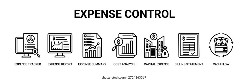 Expense Control Web-Banner-Symbol Vektorgrafik-Konzept für Unternehmen mit Symbol des Trackers, Bericht, Zusammenfassung, Kostenanalyse, Kapitalaufwand, Abrechnung, Cashflow.