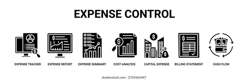 Controle de Despesas web banner ícone vetor ilustração conceito para negócios com ícone de rastreador, relatório, resumo, análise de custo, despesa de capital, demonstrativo de faturamento, fluxo de caixa.