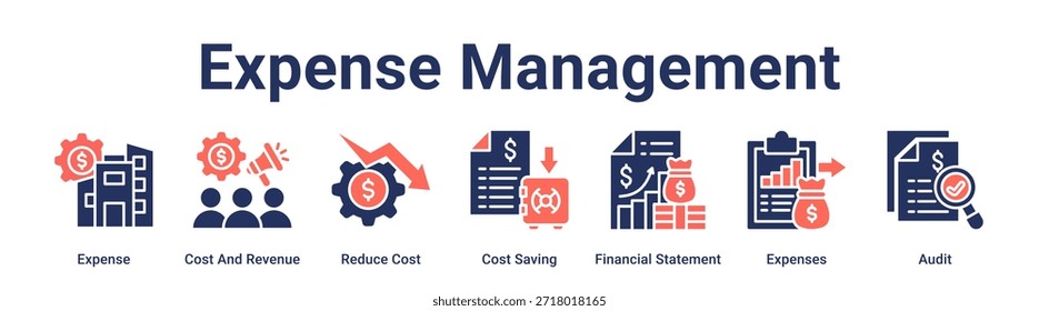Banner do Gerenciamento de Despesas ícone da Web vetor conceito de ilustração para negócios com ícone de Despesa, Custo e Receita, Reduzir Custo, Economia de Custo, Demonstrativo Financeiro, Despesas.