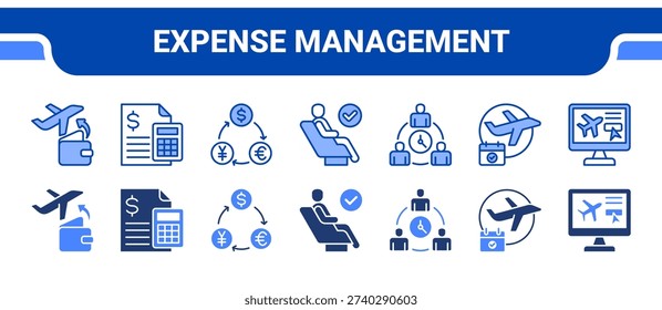 Expense Management Icon Collection, featuring Expenses, Expense, Currency, Business, Meeting, Arrangements, Booking.