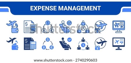 Expense Management Icon Collection, featuring Expenses, Expense, Currency, Business, Meeting, Arrangements, Booking.