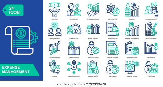 Expense Management icon collection set. User Cash,Bank Account,Revenue Management,Cost Effective. Line Color vector icons.