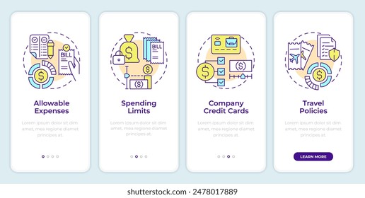 Expense management policy onboarding mobile app screen. Walkthrough 4 steps editable graphic instructions with linear concepts. UI, UX, GUI template