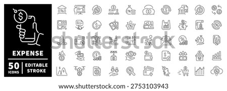 Expense outline icon set: 50 editable stroke symbols in thin line style for financial management