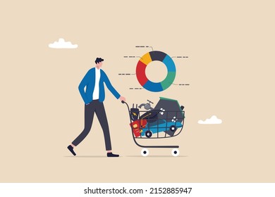 Expense planning, living cost or budget management, debt, bills or credit card payment, personal finance concept, young man with house, car, credit card, education and utilities cost in shopping cart.