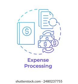 Icono de concepto de degradado azul de procesamiento de gastos. Plan de presupuesto, documentación. Contabilidad de registros. Ilustración de línea de forma redonda. Abstractas idea. Diseño gráfico. Fácil de usar en infografía, presentación