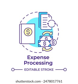 Expense processing multi color concept icon. Budget plan, documentation. Records bookkeeping. Round shape line illustration. Abstract idea. Graphic design. Easy to use in infographic, presentation